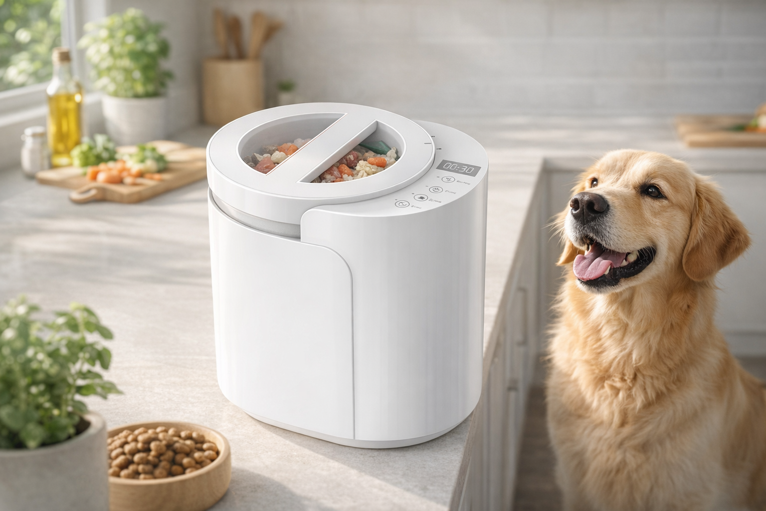 JF6011 Pet Food Maker Kitchen Scene JF6011 pet food maker preparing food beside golden retriever in kitchen
